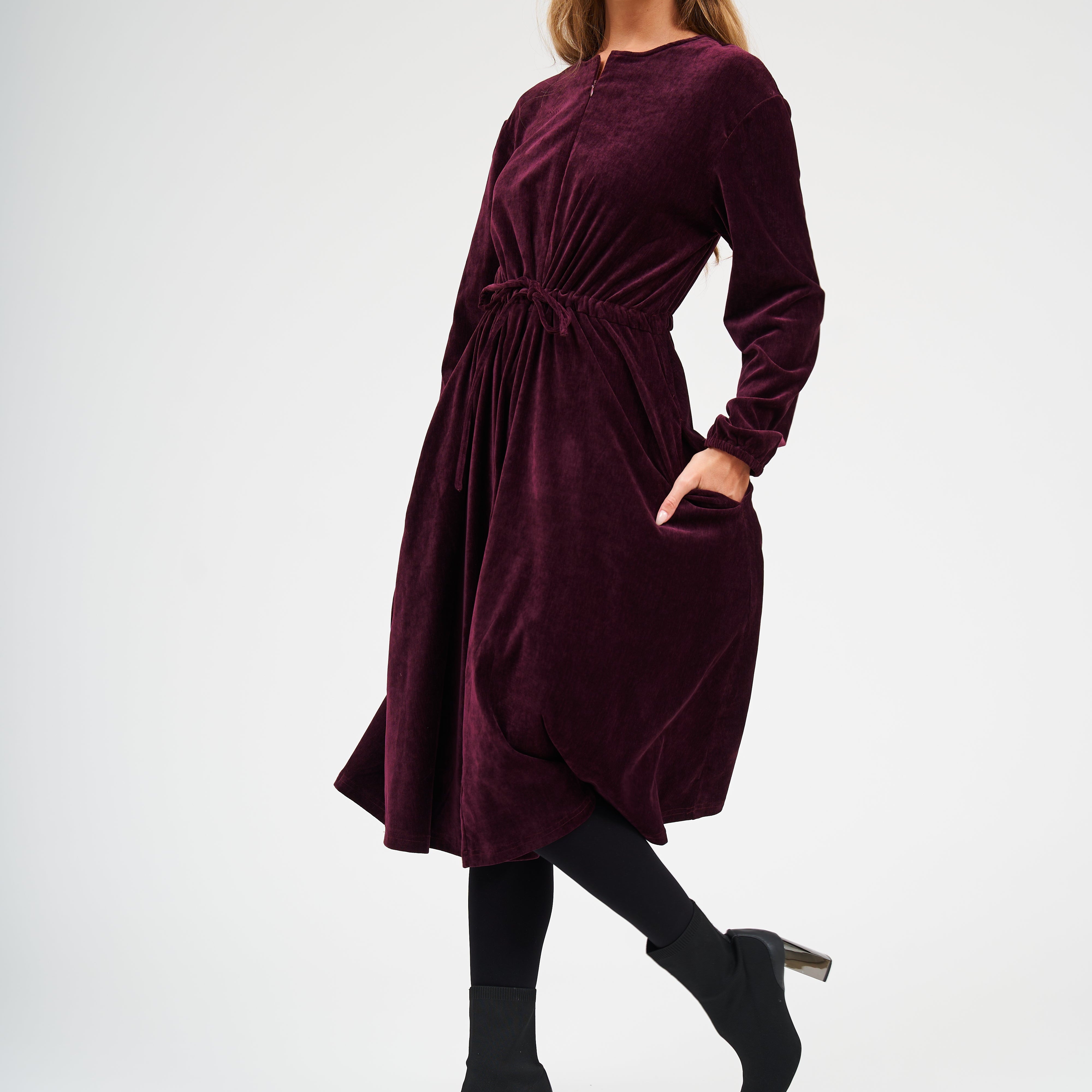 Daniella Faye Fall Winter 2026 — Modest Bordeaux Velvet Lia Dress