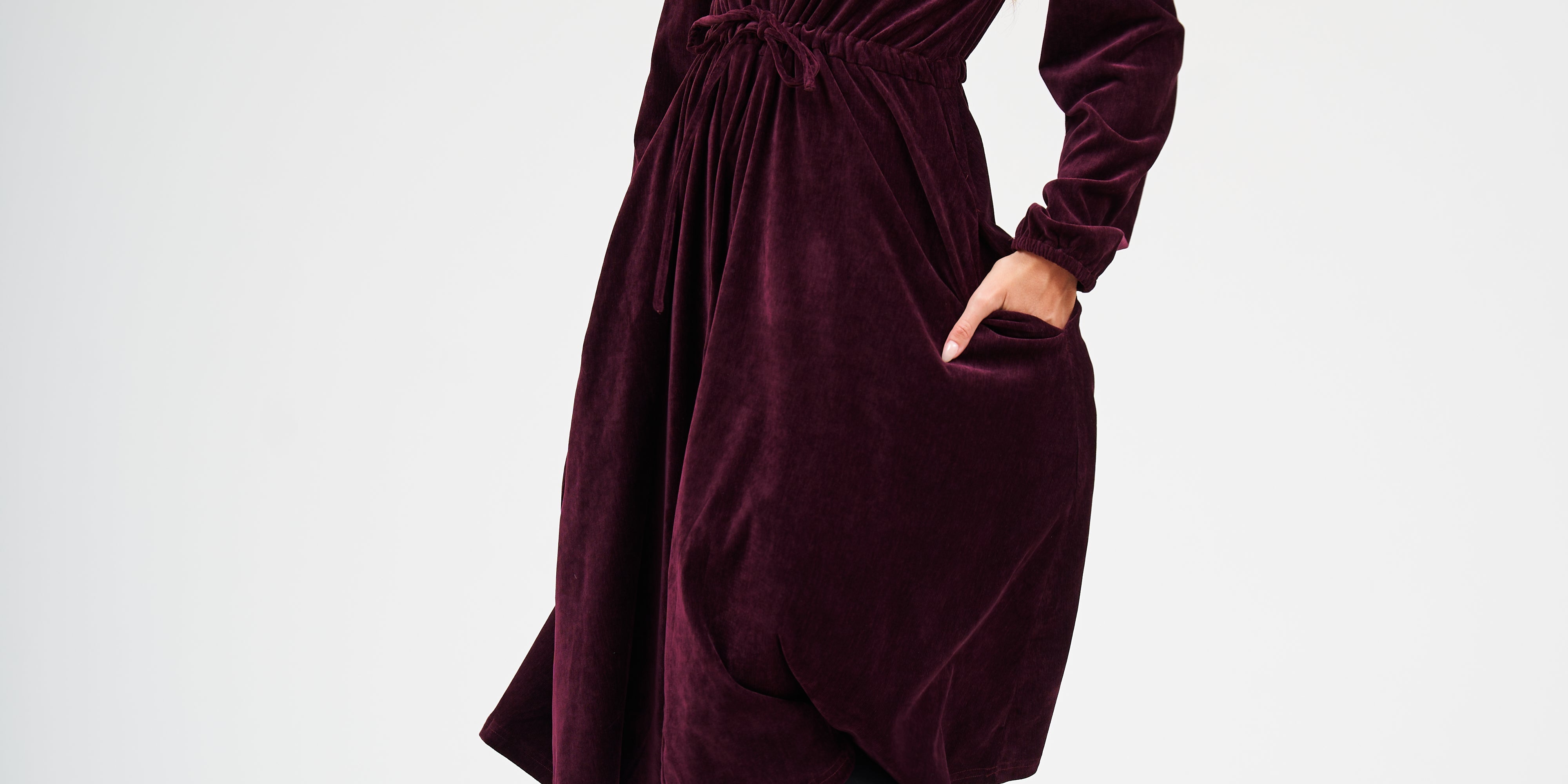 Daniella Faye Fall Winter 2026 — Modest Bordeaux Velvet Lia Dress