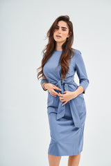 Modest Dusty Blue Tie Dress – Women's Elegant Fashion