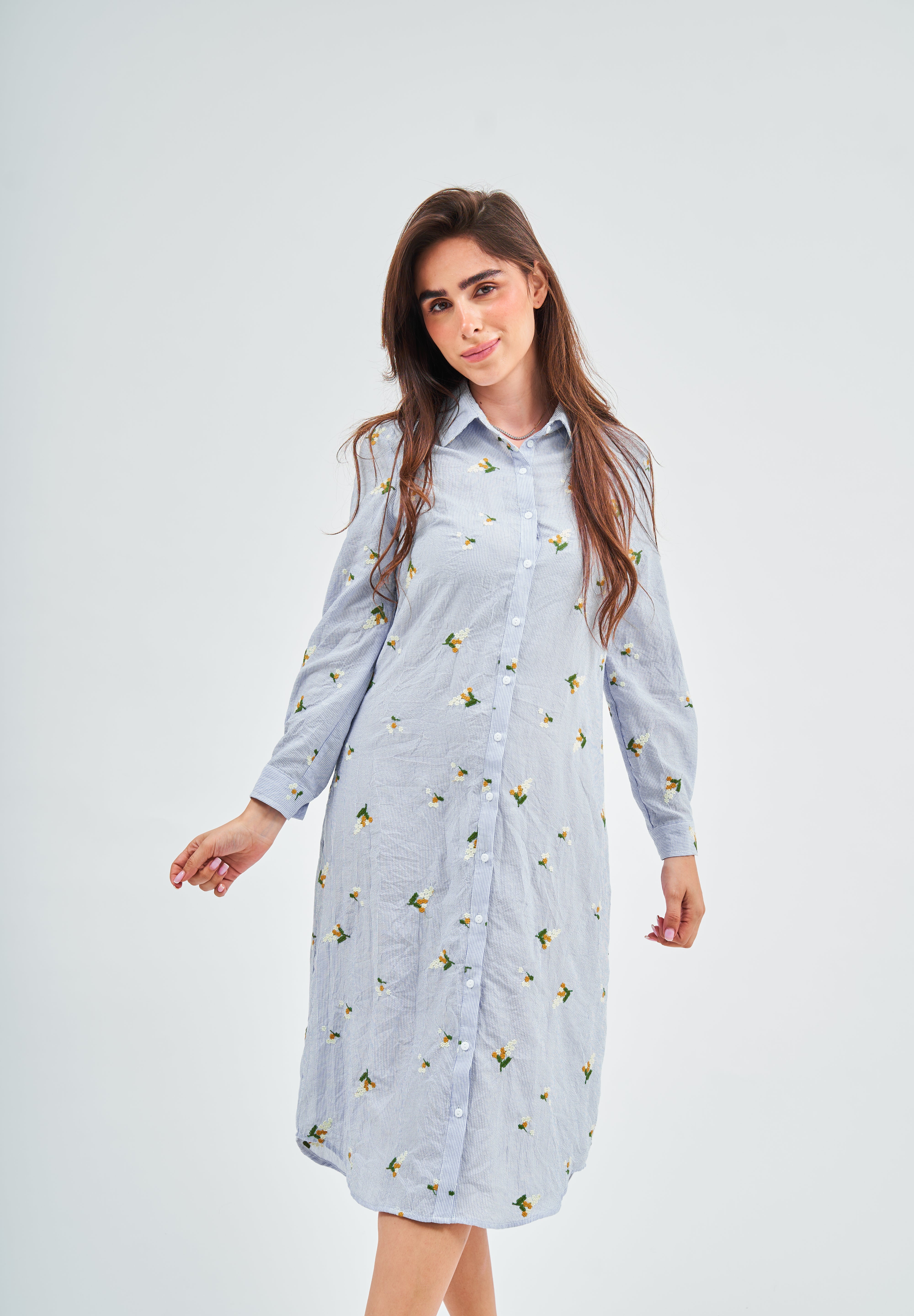 Modest Blue Seersucker Shirt Dress – Women's Fashion 1XL
