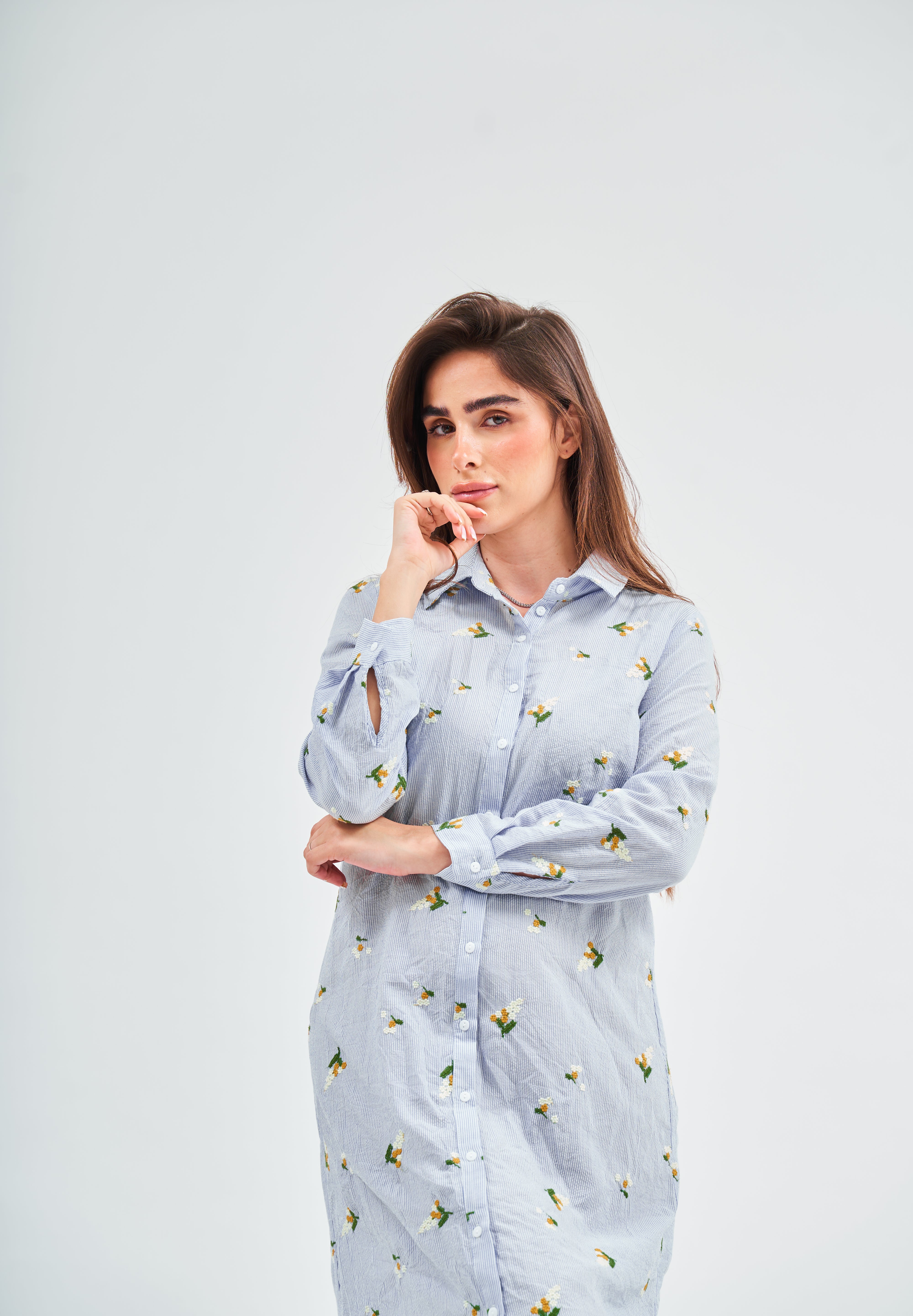 Modest Blue Seersucker Shirt Dress – Women's Fashion 1XL