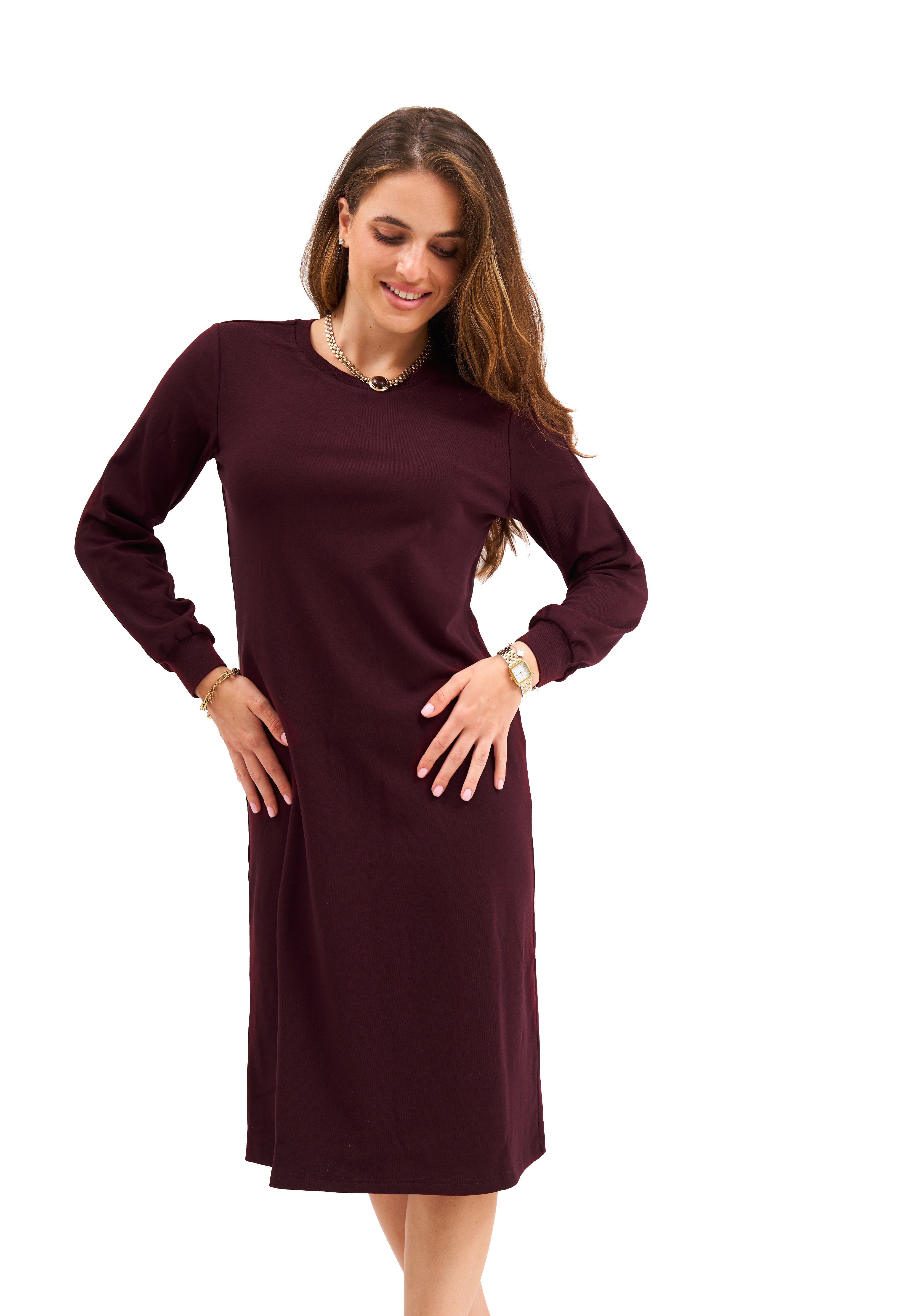 Atelier Modest Sweatshirt Dress for Women | Puff Sleeve Elegant Knit Dress | Merlot