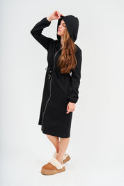 Modest Black Mid-Length Hoodie Dress – Women's Fashion