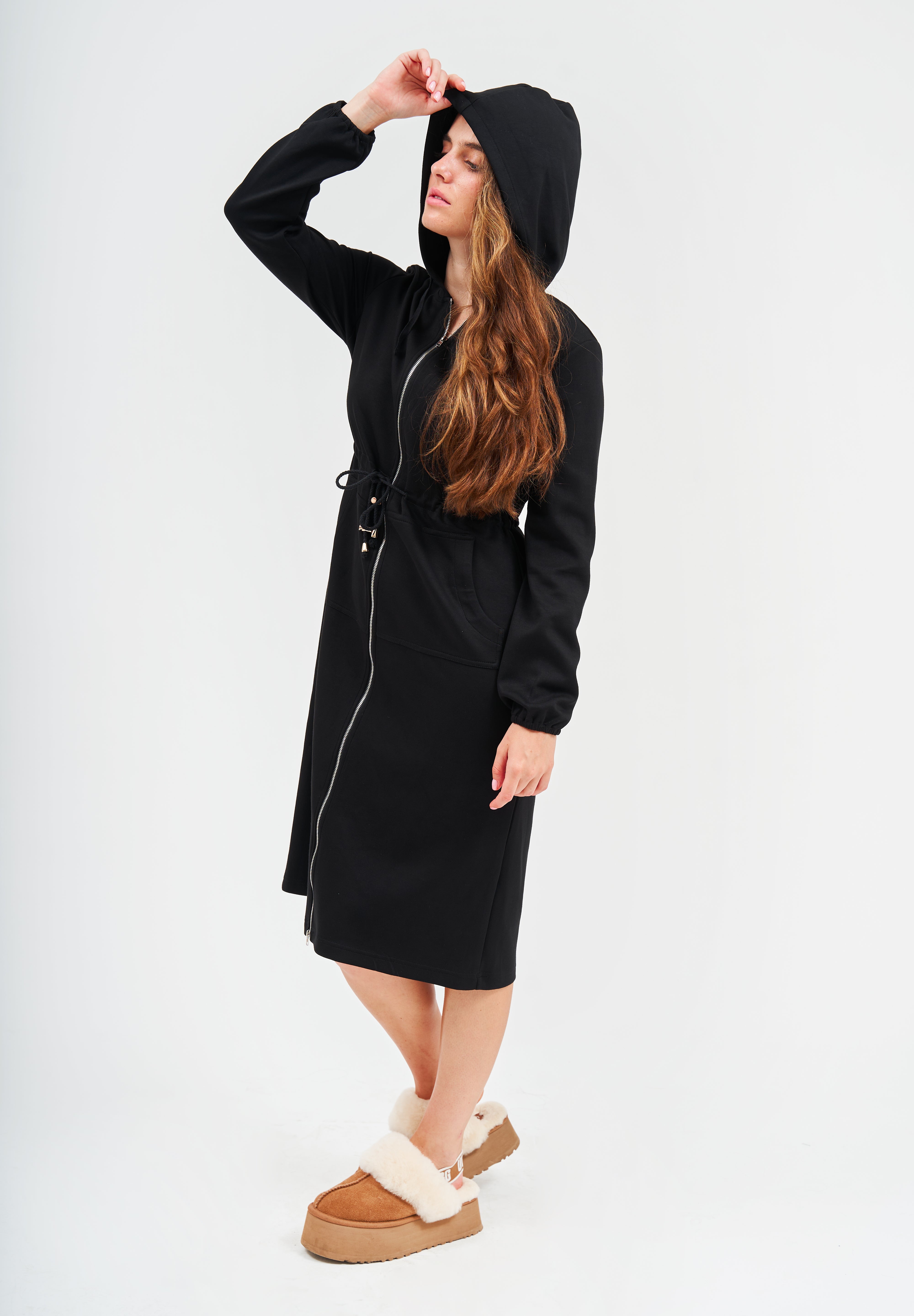 Modest Black Mid-Length Hoodie Dress – Women's Fashion