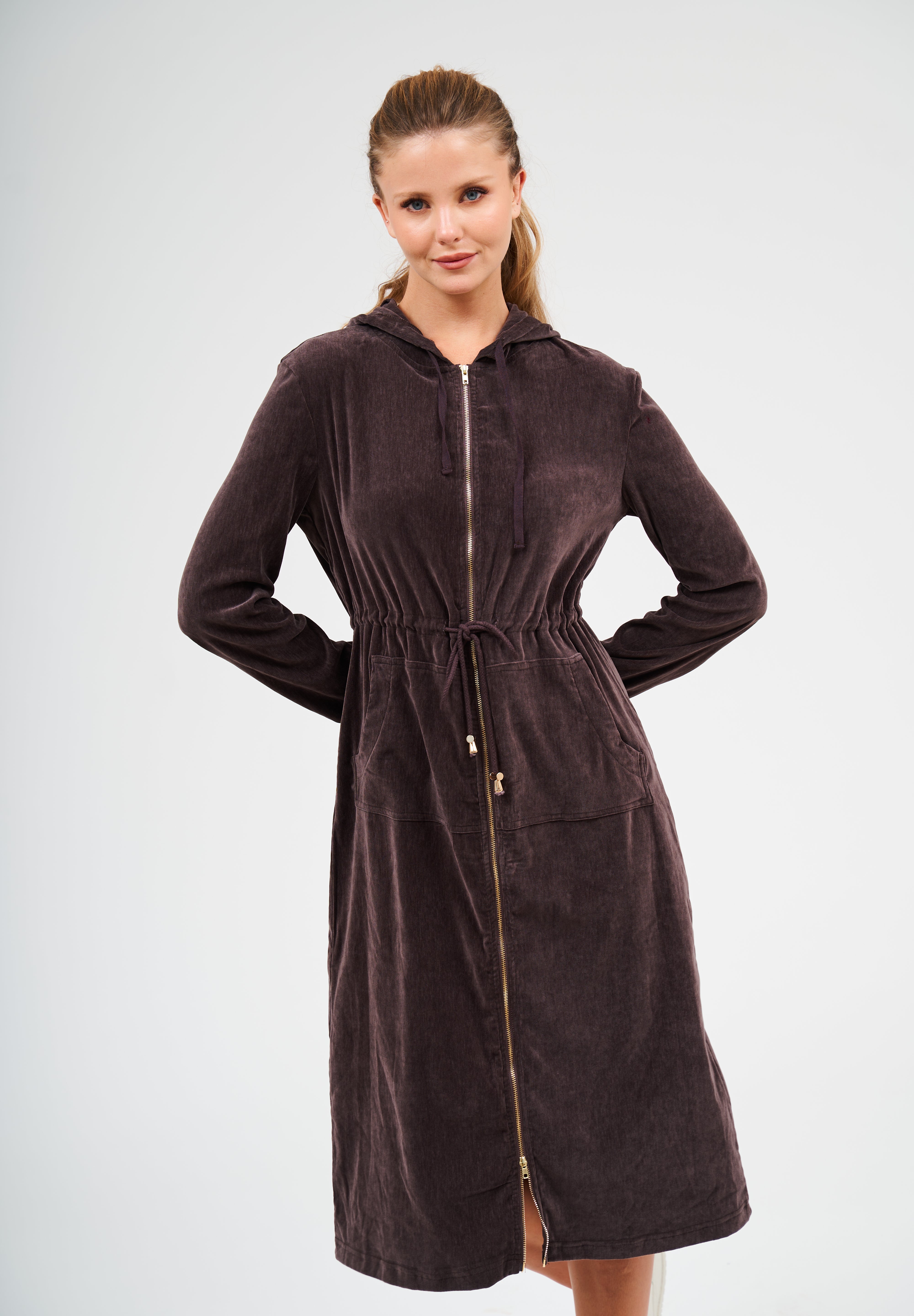 chocolate brown velvet dress Modest Chocolate Velvet Hoodie Long Dress – Women's Fashion – Daniella Faye USA