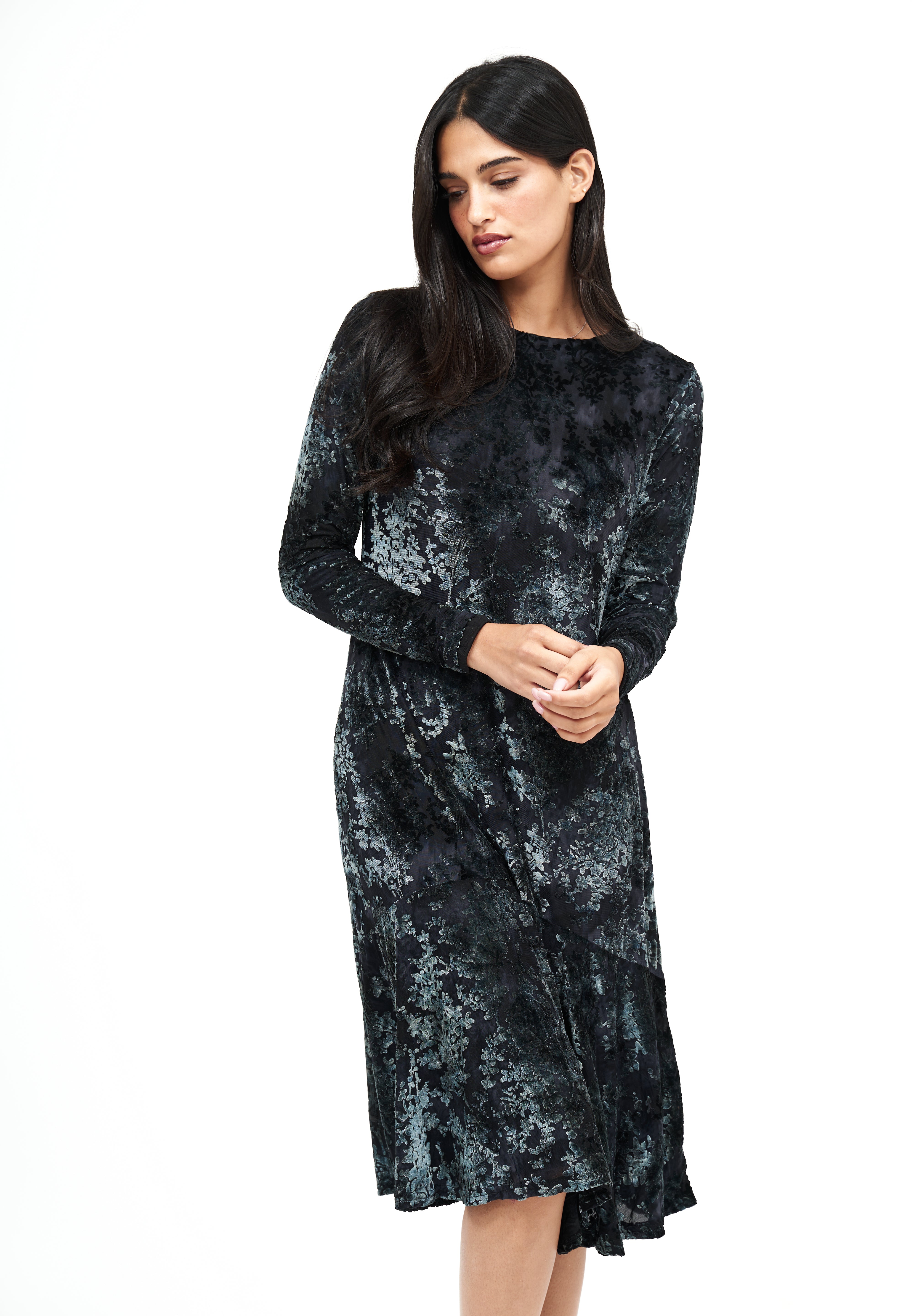 Anthro Ruffle Velvet Floral Dress: Grey