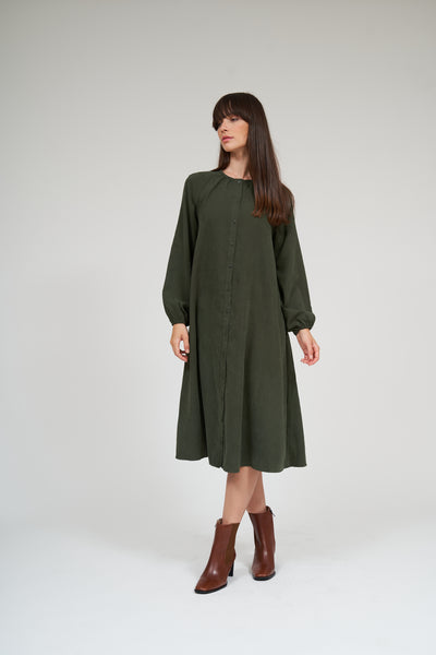 Olivia Raglan Sleeve Button Down Dress- Thyme