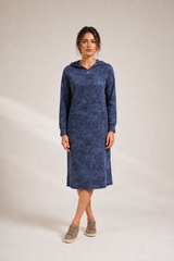 Affinity Modest Hoodie Dress for Women | Casual Long Sleeve Knit Dress | Dark Blue Denim Wash