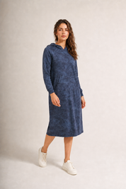 Daniella Faye Affinity pullover hoodie dress in denim — modest women's FW26 collection, view 5