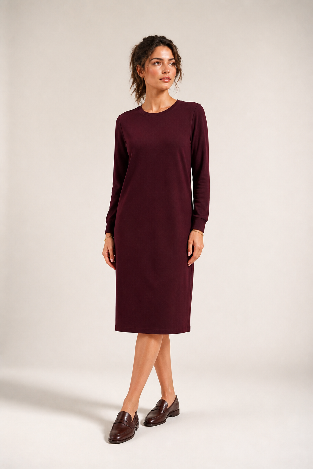 Daniella Faye Atelier puff sleeve dress in merlot — modest women's FW26 collection, view 1