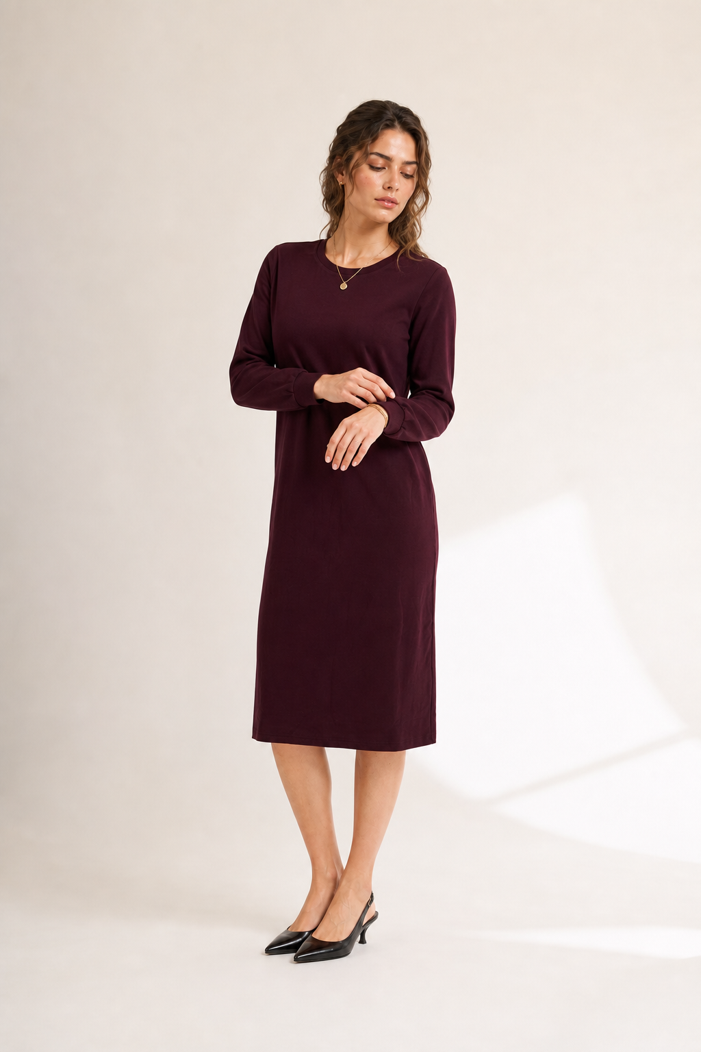Daniella Faye Atelier puff sleeve dress in merlot — modest women's FW26 collection, view 2