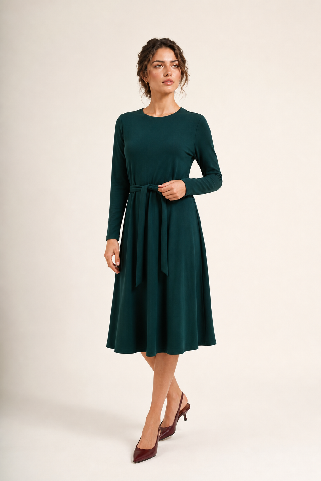Daniella Faye Aura swing dress in ja'teal — modest women's FW26 collection, view 1