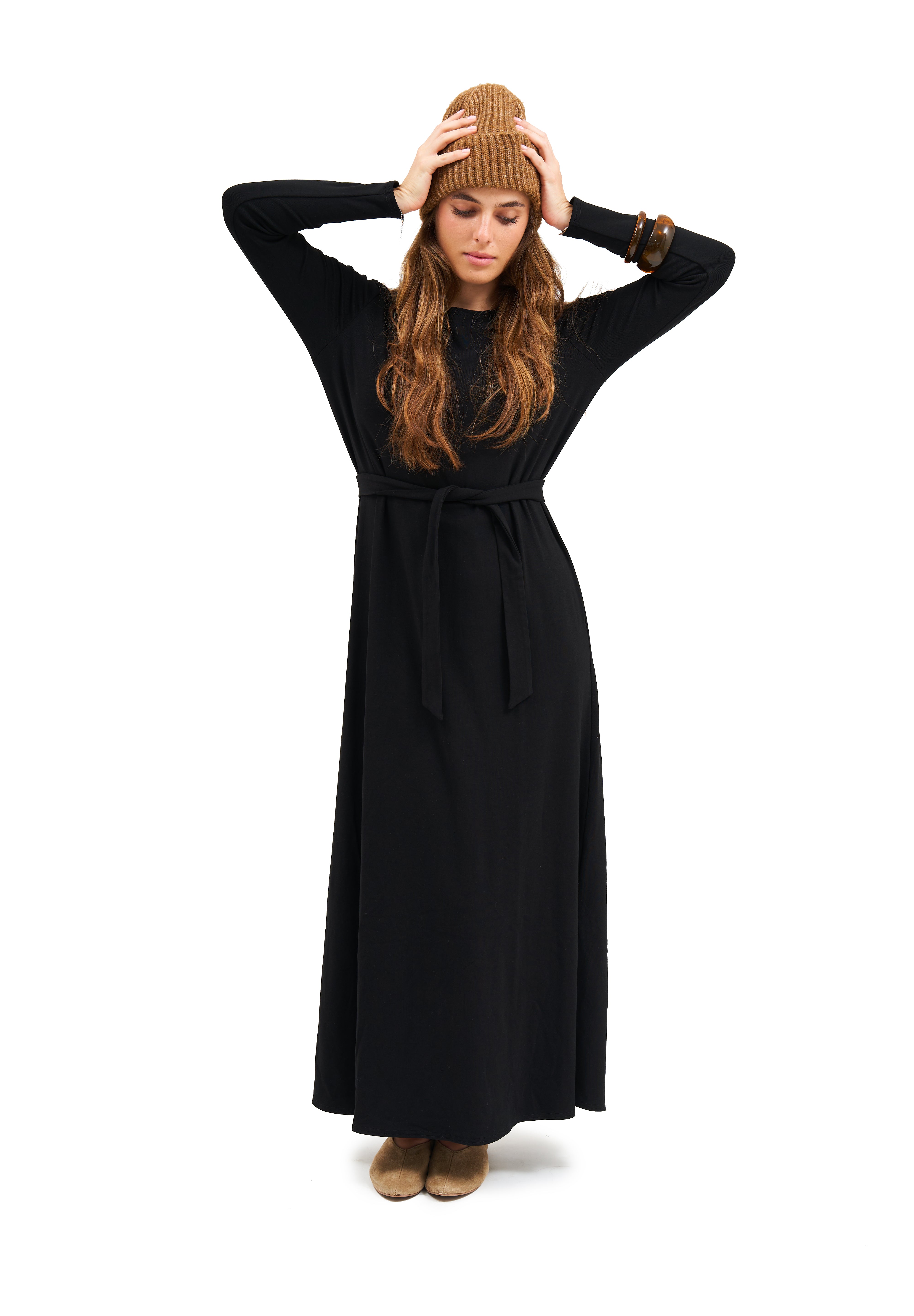 Daniella Faye Empress maxi swing dress in black — modest women's FW26 collection, photo 1