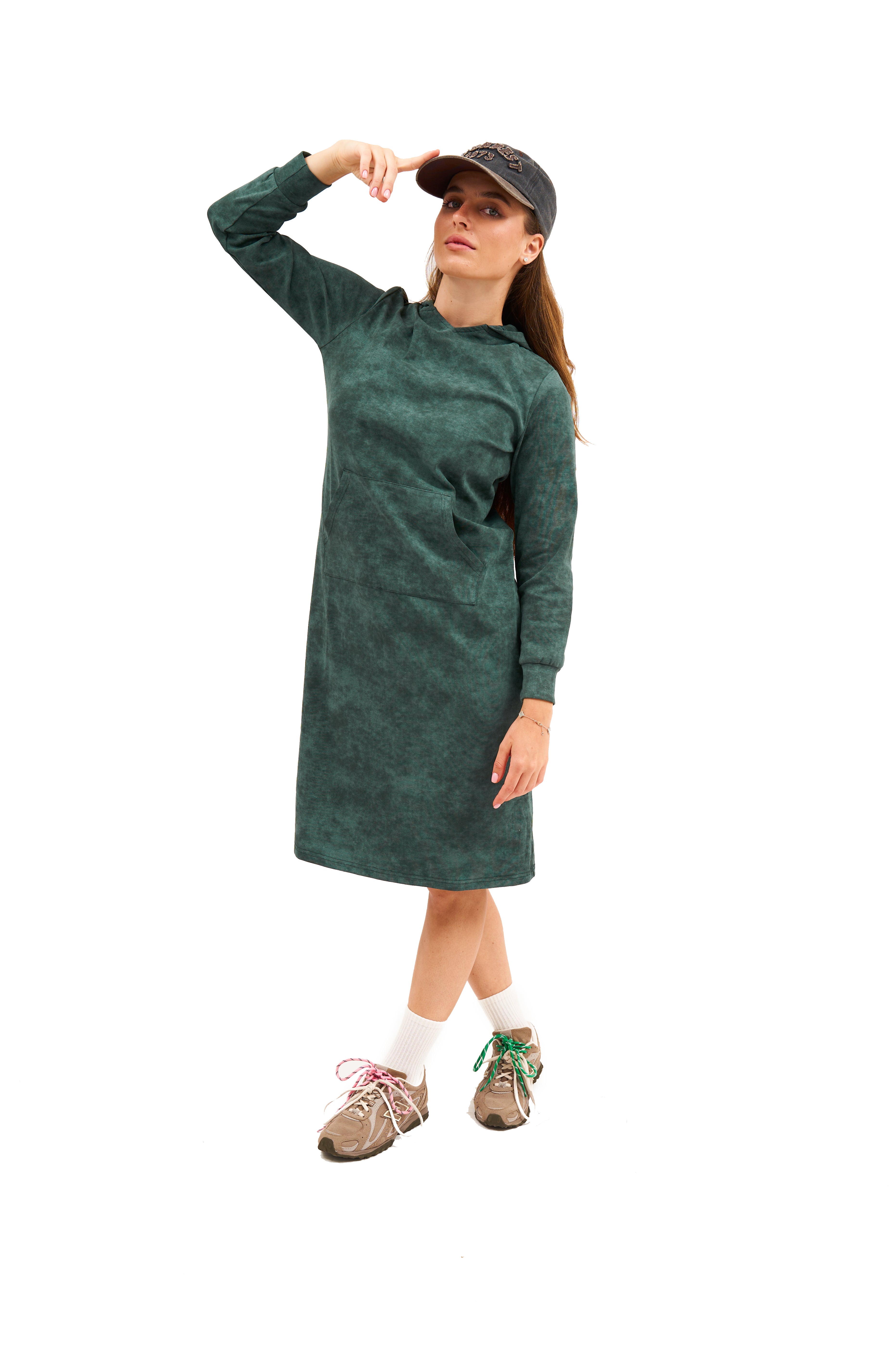 Daniella Faye Haven pullover hoodie dress in forest green — modest women's FW26 collection, photo 2