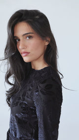 Modest Black Swing Dress: Floral Velvet - Women's Fashion