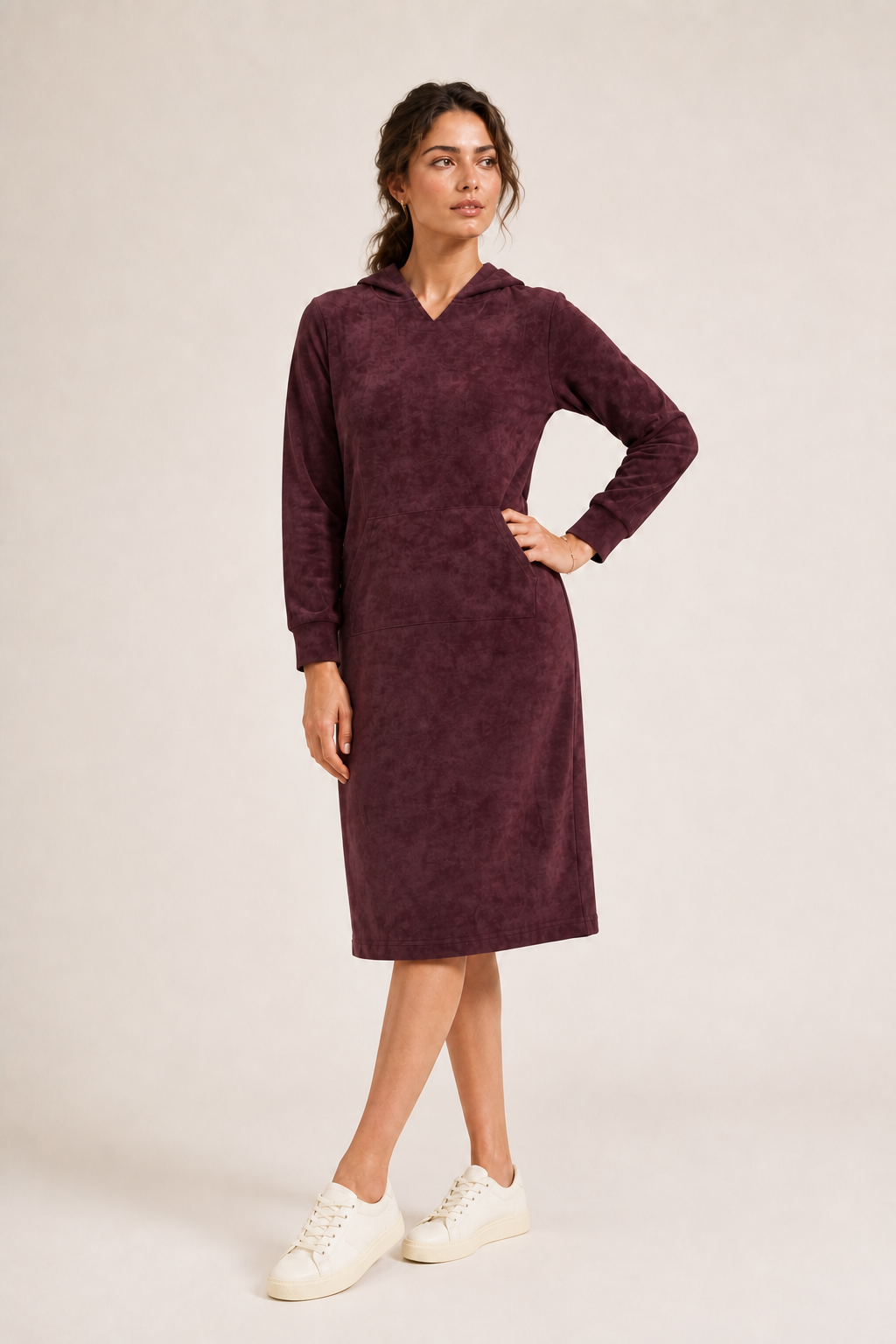 Daniella Faye Serenity pullover hoodie dress in plum — modest women's FW26 collection, view 3