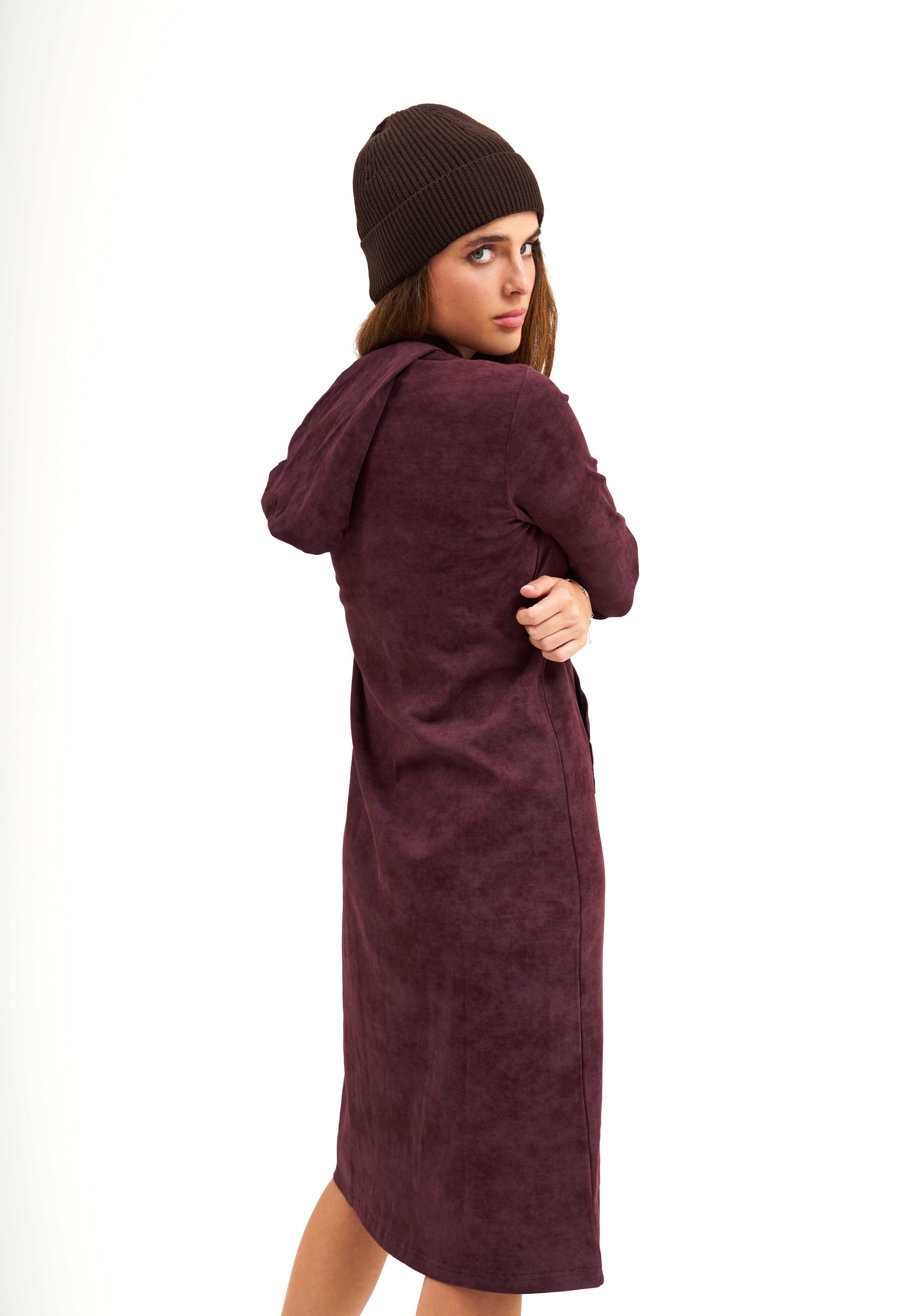 Daniella Faye Serenity pullover hoodie dress in plum — modest women's FW26 collection, photo 4