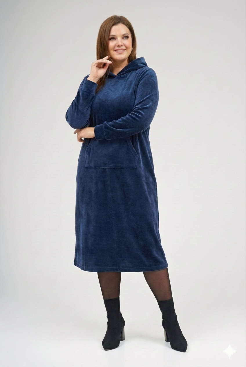 Modest Navy Velvet Pullover Hoodie Dress – Women's Fashion XL